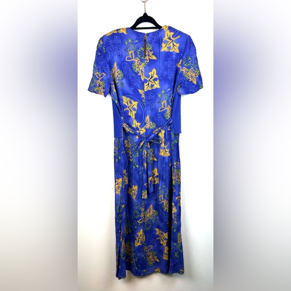 Vintage Lisa Jo Faux Vest Dress 10 Royal Blue Floral 80s 90s Modest Church Midi - Picture 5 of 6